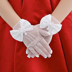 Exquisite White Lace Faux Pearl Fishnet Gloves Communion Flower For 4-15 Years Girls Kids Bride Party Ceremony Accessories